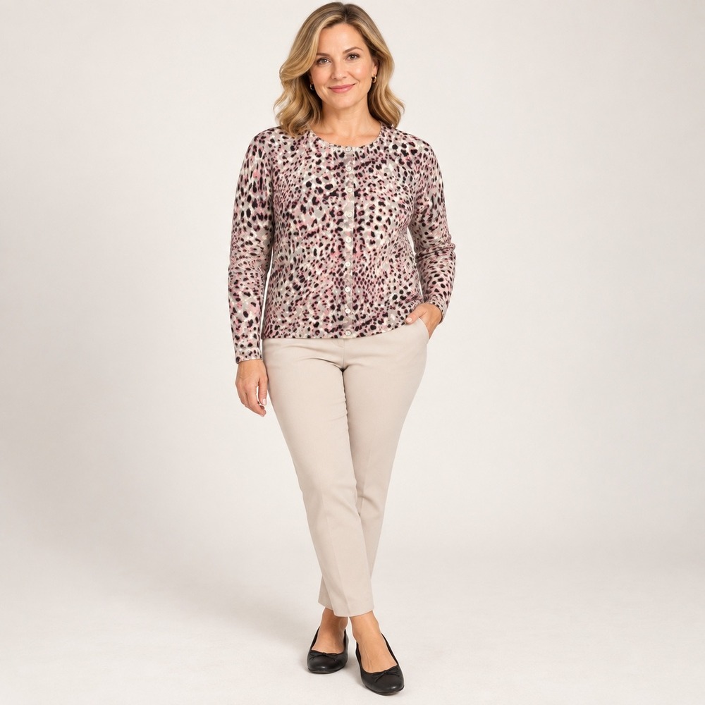 Talbots Womens Large Petite Cardigan Pink Leopard Animal Print Pure Merino Wool